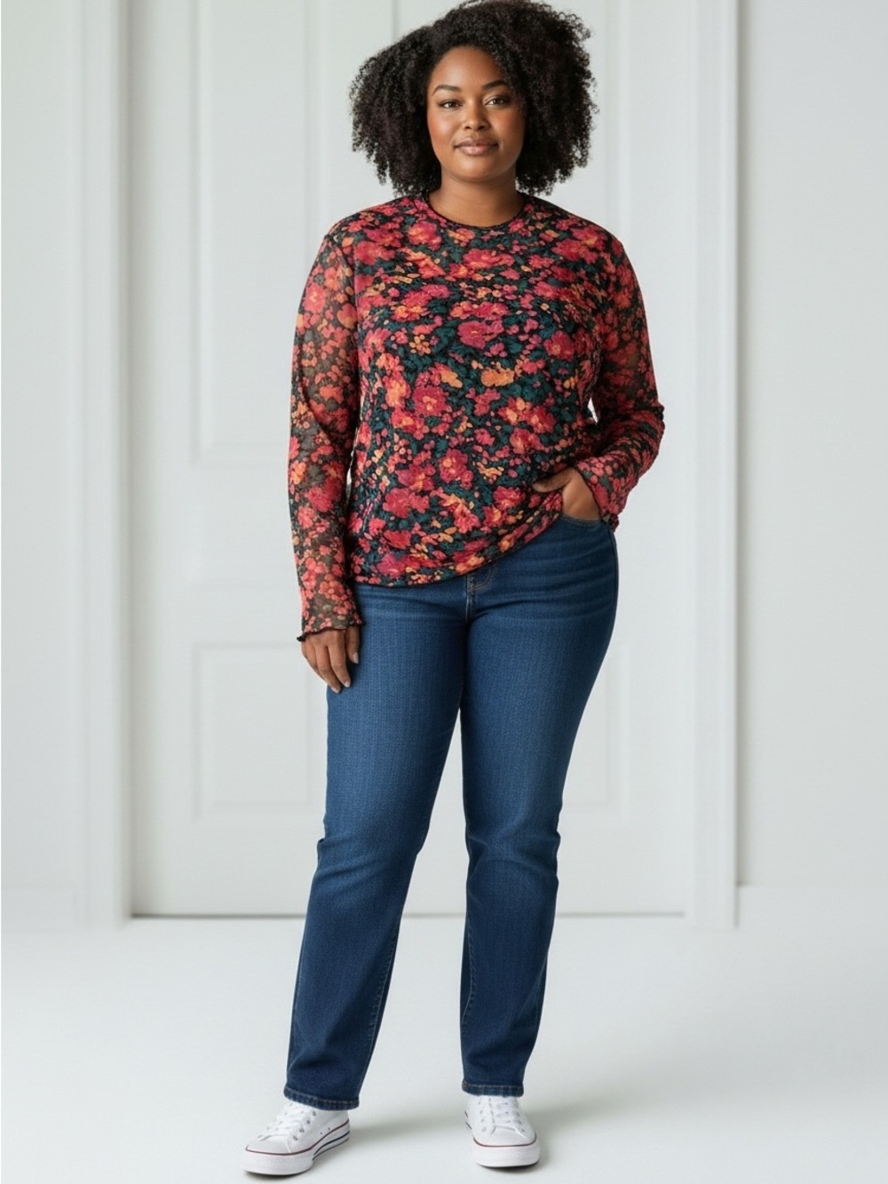 Floral Mesh Long Sleeve Top in Red and Black